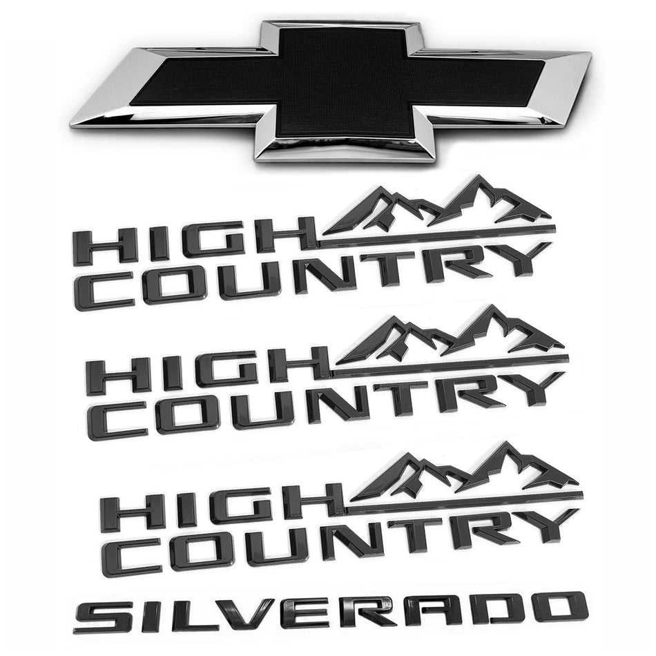 Emblem Kit for 2023+ Chevy Silverado 1500 High Country Grille Bowtie (Chrome / Gloss Black) 4pack / 5pack