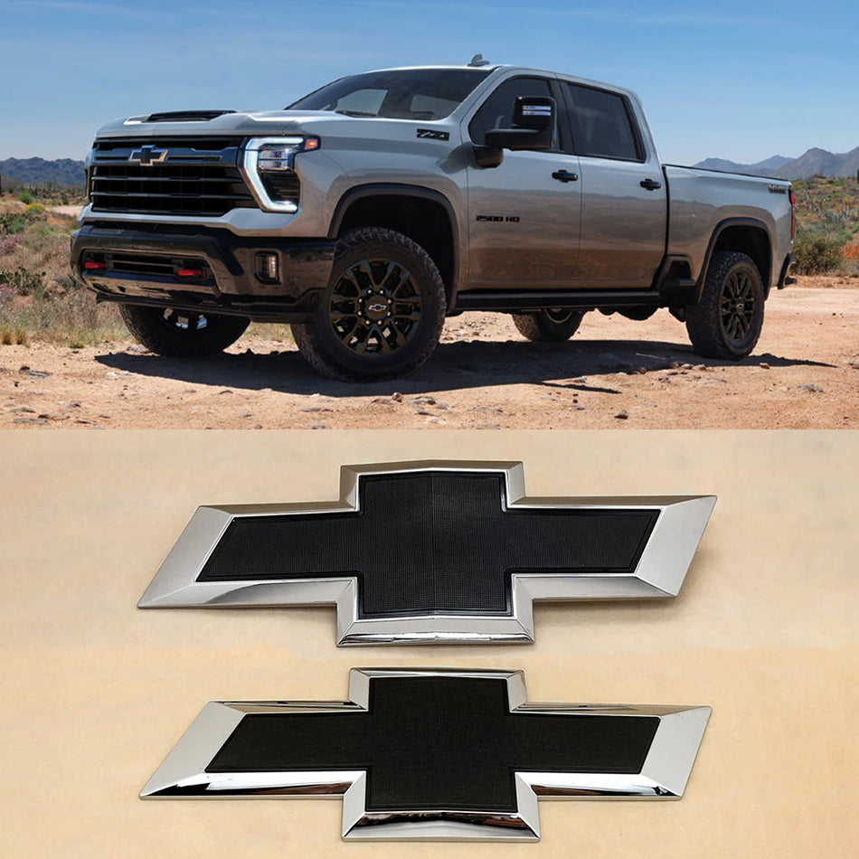 Grille & Tailgate Bowtie Emblems for 2020-2026 Silverado 2500HD 3500HD (Chrome / Gloss Black) 2-pack
