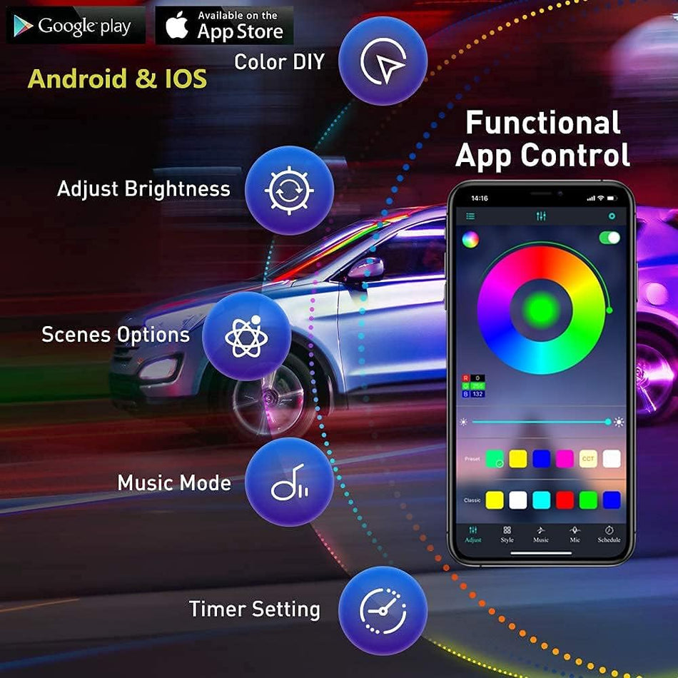 LED Underglow Kit App and Remote Control 16 Million RGB Colors Music Sync