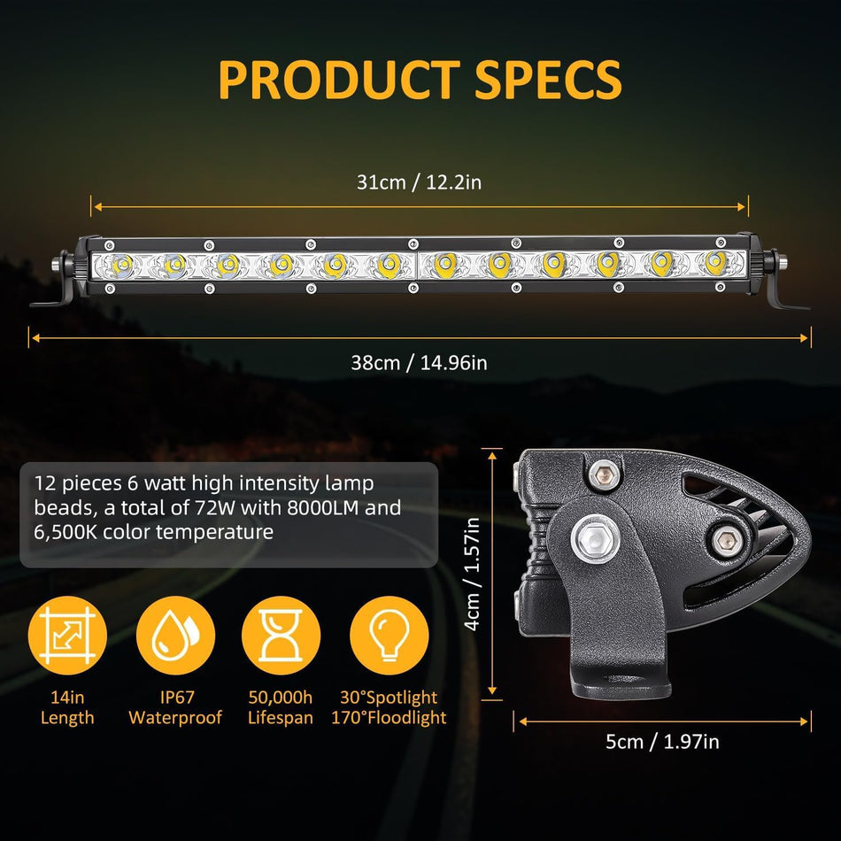 12 Inch LED Light Bar – 144W Combo Beam, 8000 Lumens, 2-Pack