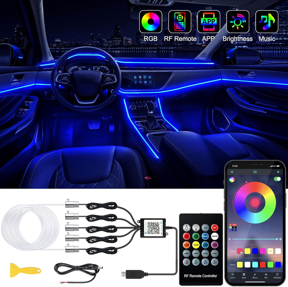 Interior Car LED Strip Lights 5-in-1 Fiber Optic & 10-in-1 Acrylic