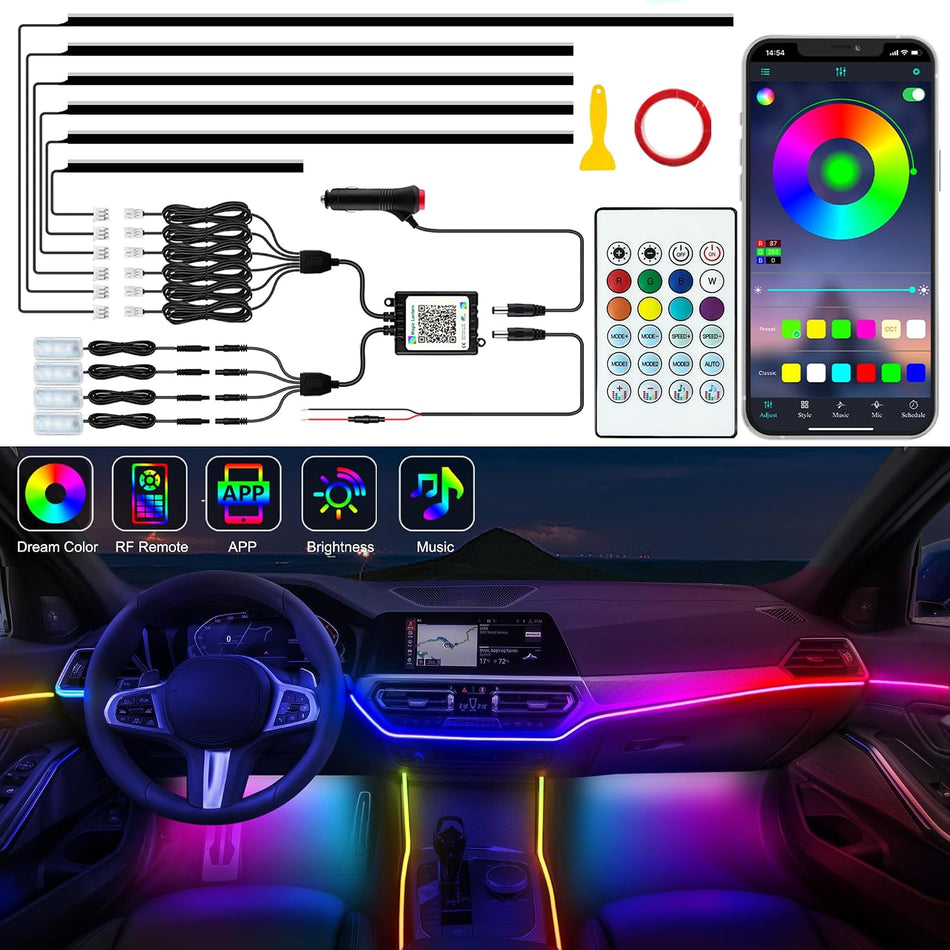 Interior Car LED Strip Lights 5-in-1 Fiber Optic & 10-in-1 Acrylic